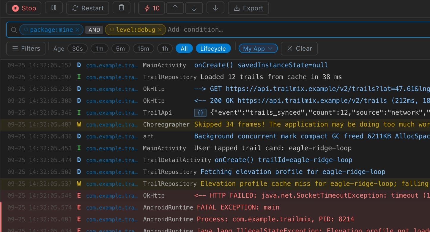 Keynobi Logcat filtered with package:mine AND level:debug, with a crash in the stream